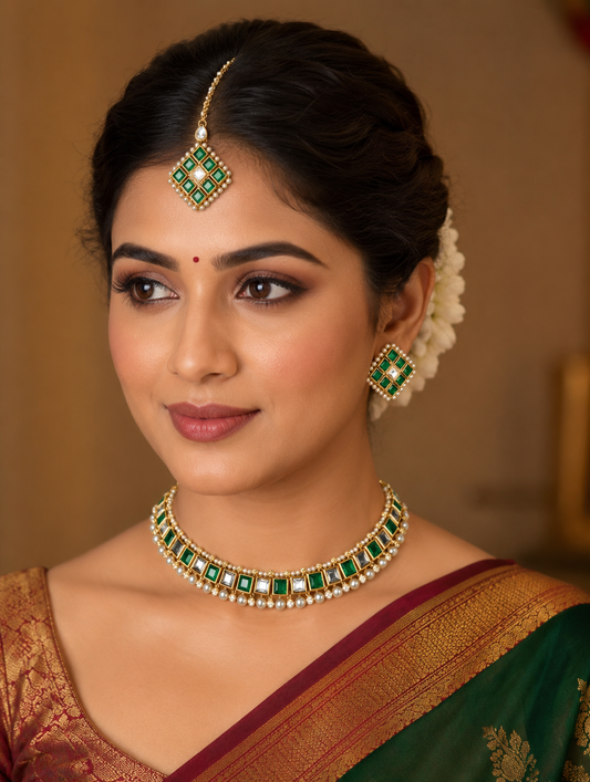 Elegant Emerald Green Kundan & Pure White Pearl Choker Set