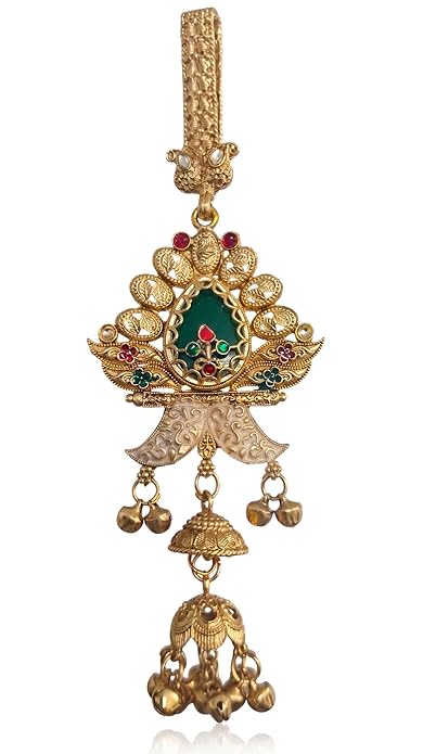 Traditional Antique Gold-Toned Meenakari Saree Challa Waist Keychain for Women | Artificial Ethnic Kamarbandh Ornament with Green Stone & Jhumki Drop | INNOVATE ART IMPEX
