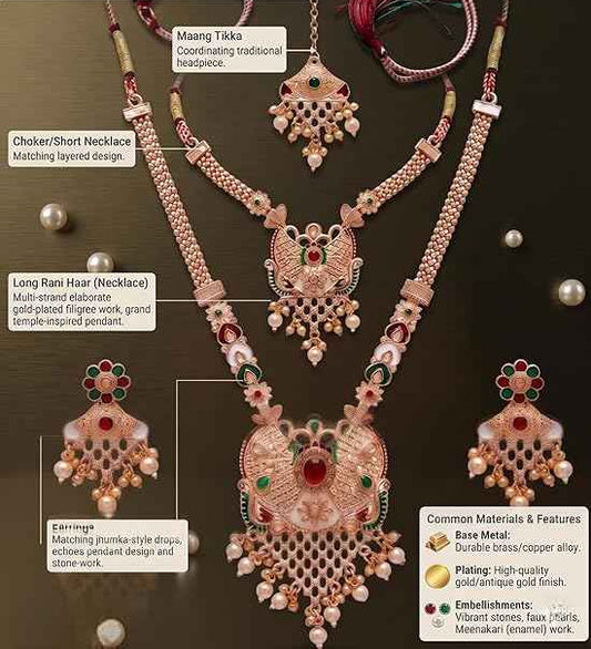 Traditional Kundan Style Rose Gold Bridal Jewelry Set - Long Rani Haar, Choker Necklace, Earrings & Maang Tikka with American Diamonds