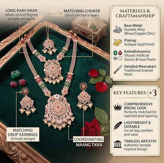 Traditional Antique Gold Plated Bridal Jewelry Set - Kundan Style Long Rani Haar, Choker, Earrings & Maang Tikka