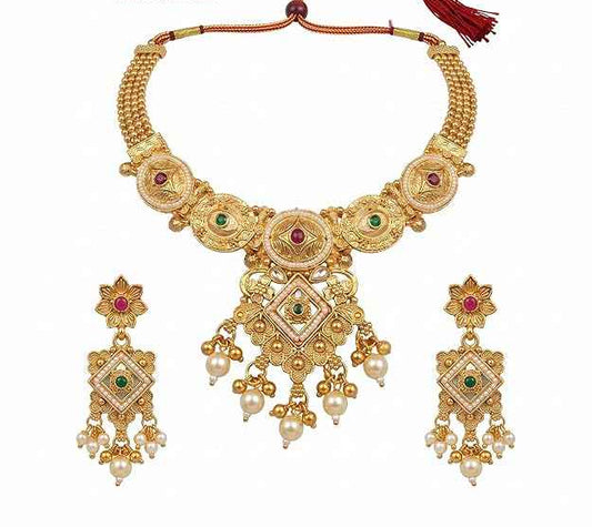 Adjustable Kundan Choker Set — Gold Plated Necklace with Pearl Drops & Matching Earrings
