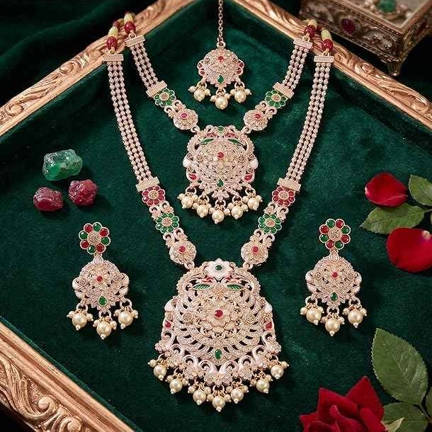 Traditional Antique Gold Plated Bridal Jewelry Set - Kundan Style Long Rani Haar, Choker, Earrings & Maang Tikka