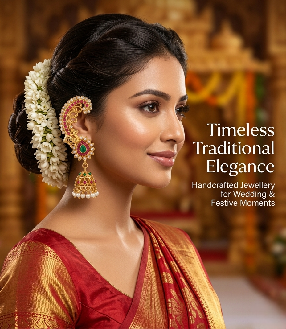 Feature breakdown of INNOVATE ART IMPEX traditional ear cuff earrings showing rich color stone work, lightweight design, and classic jhumka attachment.