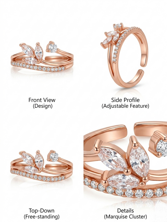 Multi-angle product showcase of the rose gold ring, highlighting the front design, adjustable side profile, free-standing top-down view, and marquise cluster details.