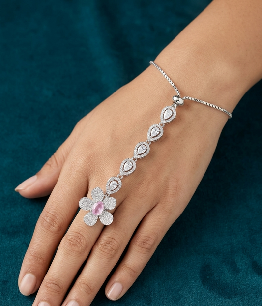 Silver Floral Pavé Crystal Hand Chain Bracelet with Pink Center Stone