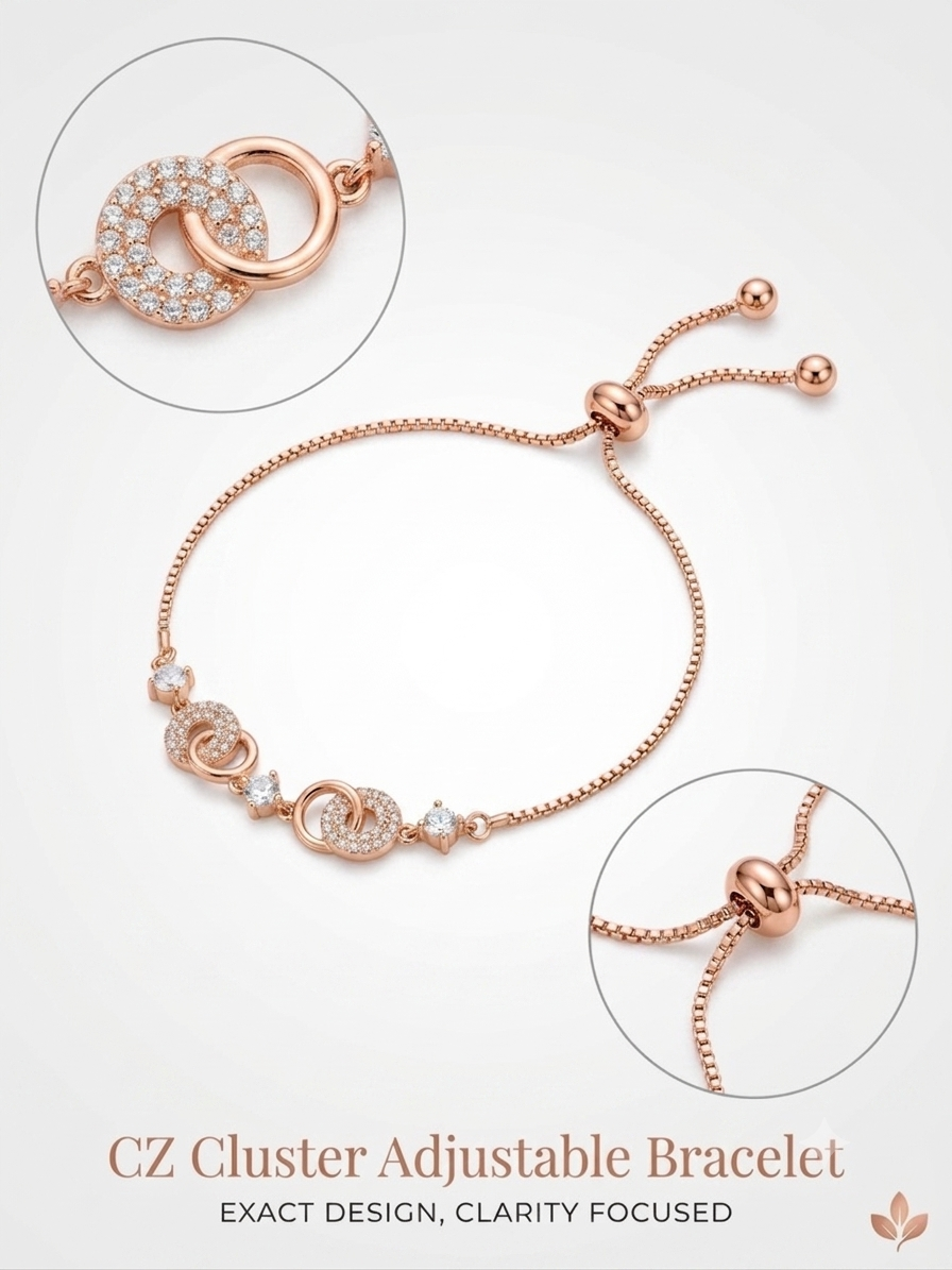 CZ Cluster Adjustable Bolo Bracelet – Rose Gold Interlocking Rings
