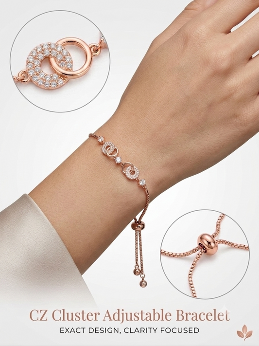 CZ Cluster Adjustable Bolo Bracelet – Rose Gold Interlocking Rings
