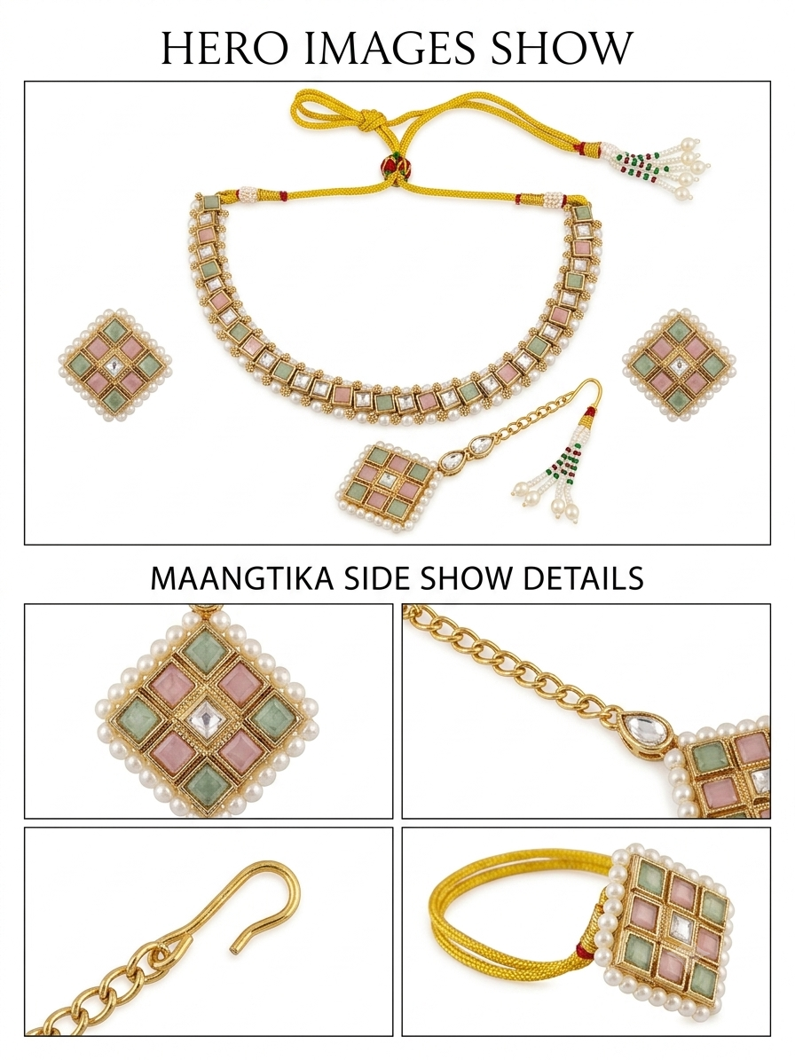 A multi-panel detail collage highlighting hero images of the pastel Kundan jewelry set, with specific close-up side show details focusing on the maangtikka's pure white pearl borders, gold-toned chain links, and fastening hook.
