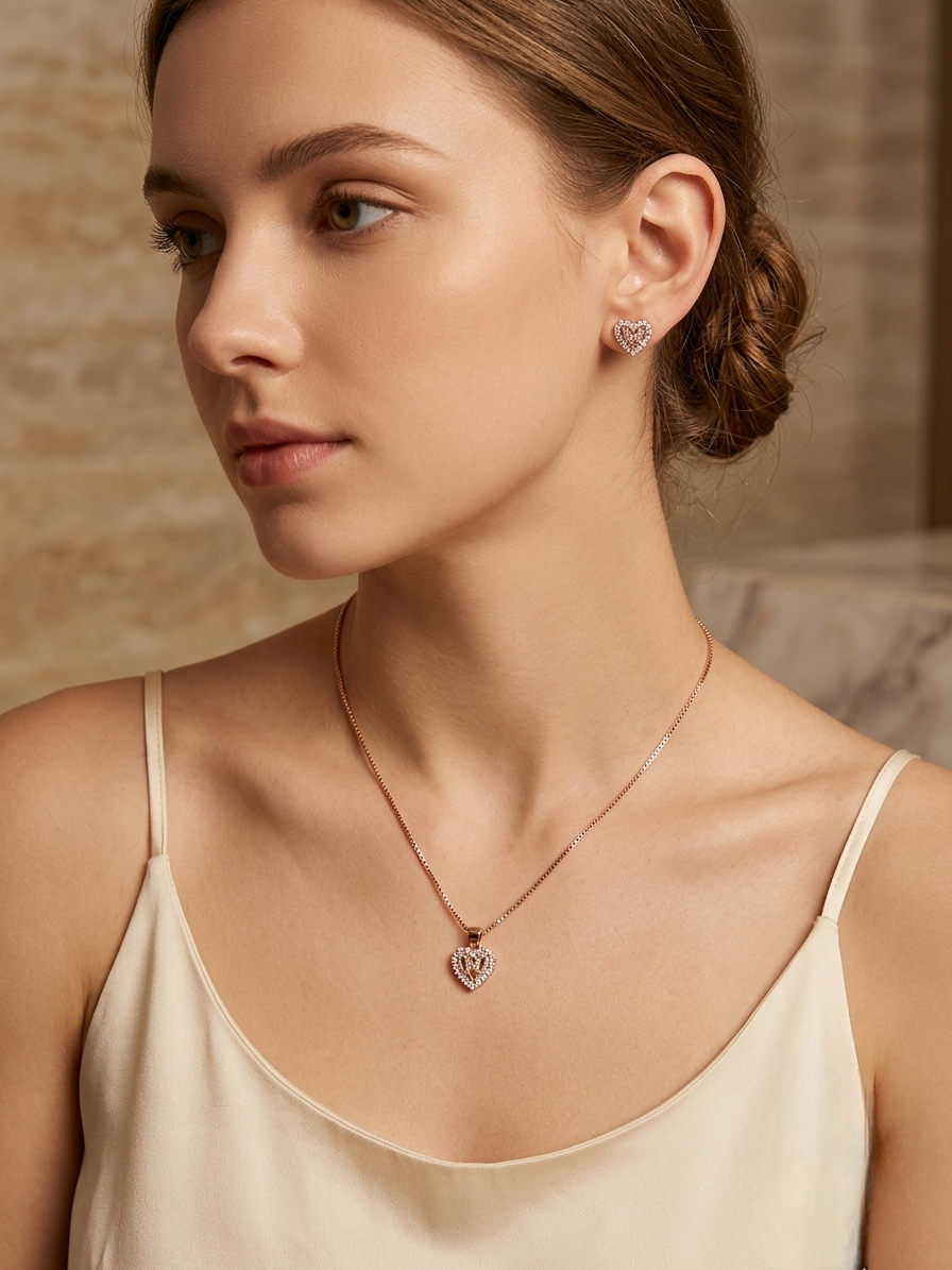 Female model wearing the elegant Vaidika Royal Heritage rose gold-toned heart pendant necklace and matching AD stud earrings.