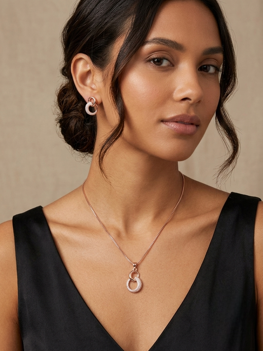 Rose Gold-Plated Interlocking Circle Pendant Necklace Set with Stud Earrings Vaidika Royal Heritage