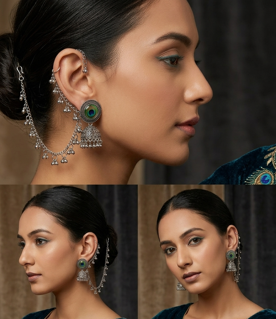Silver Oxidized Peacock Feather Jhumki Stud Earrings with Ghungroo Kaan Chain