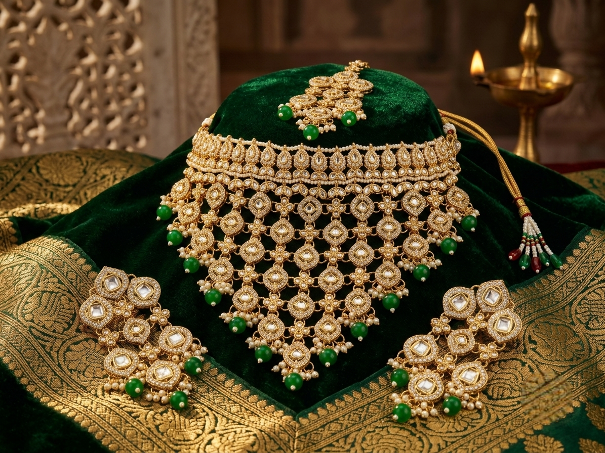 An ornate gold-toned traditional jewelry set displayed on a dark green velvet cushion with a gold patterned fabric underneath. The set includes a large necklace, matching earrings, and a small top piece, all decorated with gold, clear stones, and green bead accents.