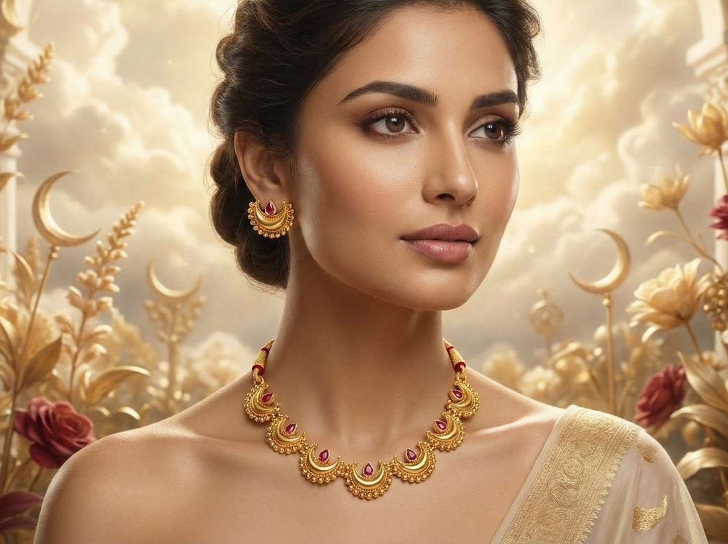 Close-up view of premium artificial Traditional Maharashtrian Chandrakor Rubu Red Stone Necklace Set Gold Plated by Innovate Art Impex.
