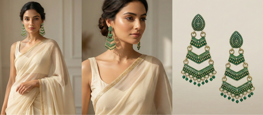 Close-up view of premium artificial Green Meenakari Gold Plated Layered Drop Earrings with Pearl Hanging by Innovate Art Impex.