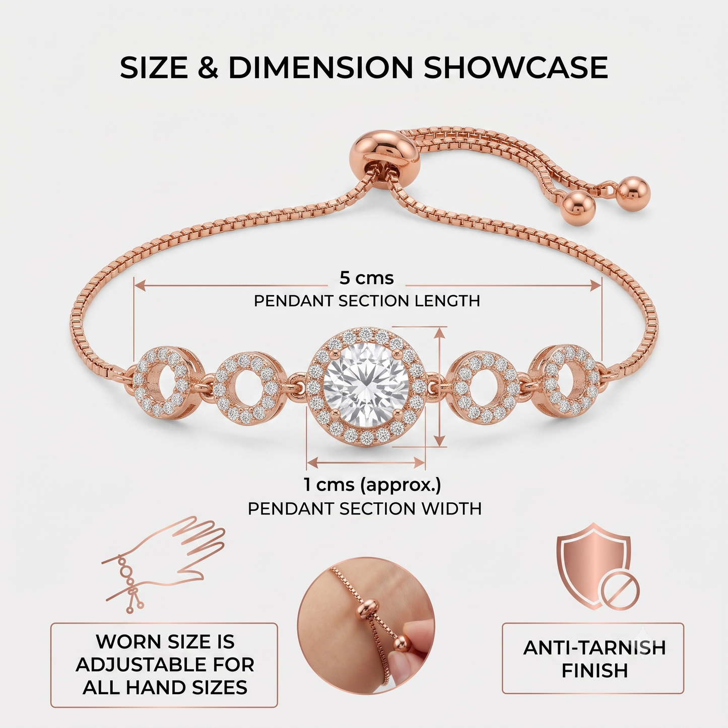 Size and dimension infographic for the rose gold bracelet, highlighting a 5 cm pendant length, 1 cm width, and a premium anti-tarnish finish.