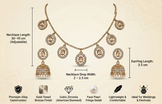 Close-up view of premium artificial Champagne Gold Medallion Charm Necklace & Pearl Drop Jhumka Earring Set by Innovate Art Impex.