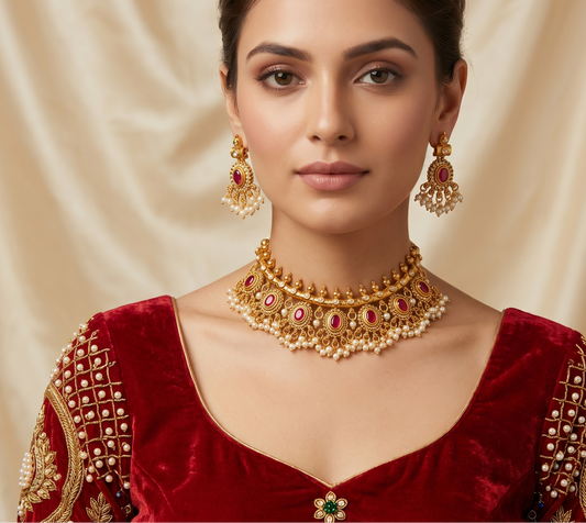 The Heritage Ruby Cabochon Antique Gold Choker Set