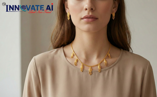 Close-up view of premium artificial Innovate Art Impex Gold Finished Filigree Teardrop Necklace with Jhumka Style Dangle Earrings Ethnic Wedding Party Jwellery for Saree, Lehenga & Girls Dresses by Innovate Art Impex.