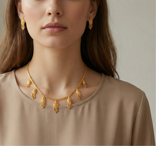 Close-up view of premium artificial Innovate Art Impex Gold Finished Filigree Teardrop Necklace with Jhumka Style Dangle Earrings Ethnic Wedding Party Jwellery for Saree, Lehenga & Girls Dresses by Innovate Art Impex.