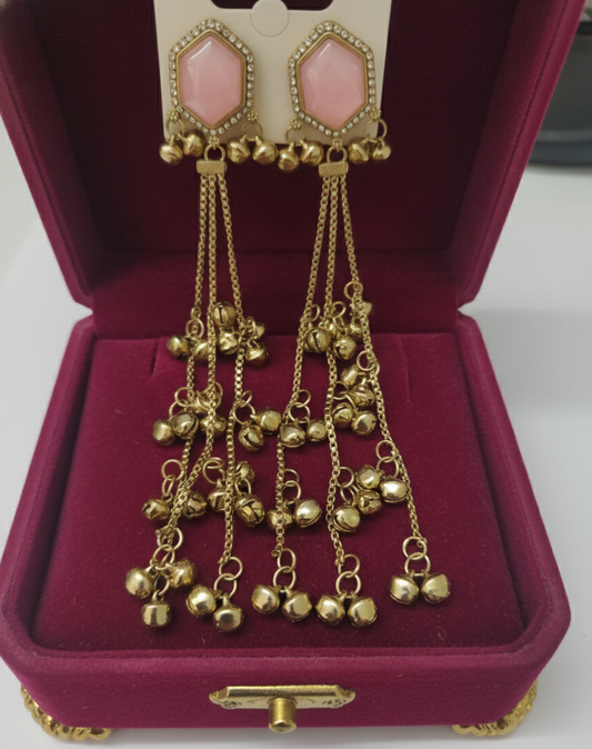 Close-up view of premium artificial Pink Hexagonal Stone Gold Tassel Drop Earrings Elegant Statement Jewelry by Innovate Art Impex.
