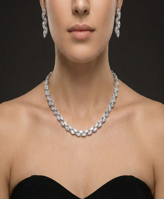Close-up view of premium artificial Elegant Marquise Cut American Diamond Necklace Set with Drop Earrings by Innovate Art Impex.
