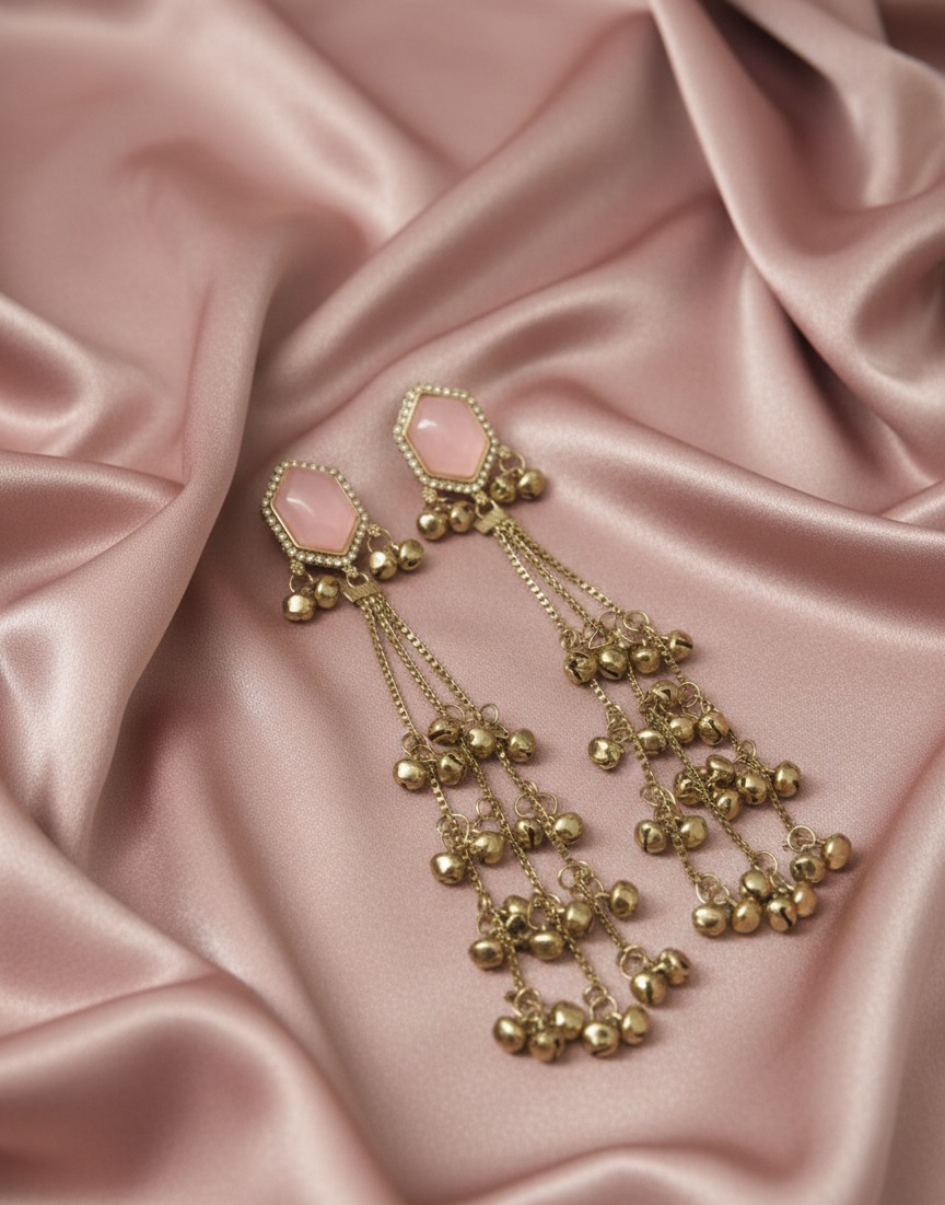 Close-up view of premium artificial Pink Hexagonal Stone Gold Tassel Drop Earrings Elegant Statement Jewelry by Innovate Art Impex.