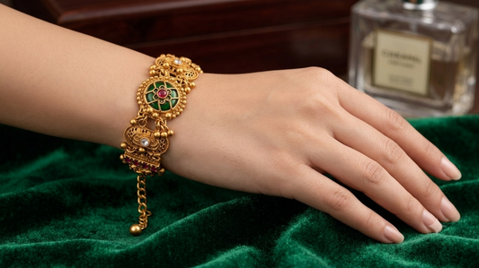 Traditional Antique Finish Temple Bracelet with Elephant Motifs & Stones