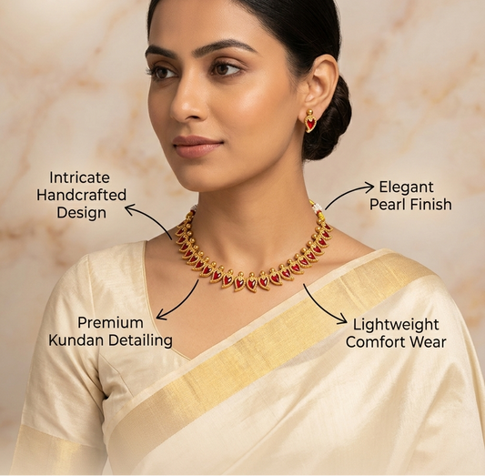 Woman wearing a gold necklace with text highlighting features, against a beige background.