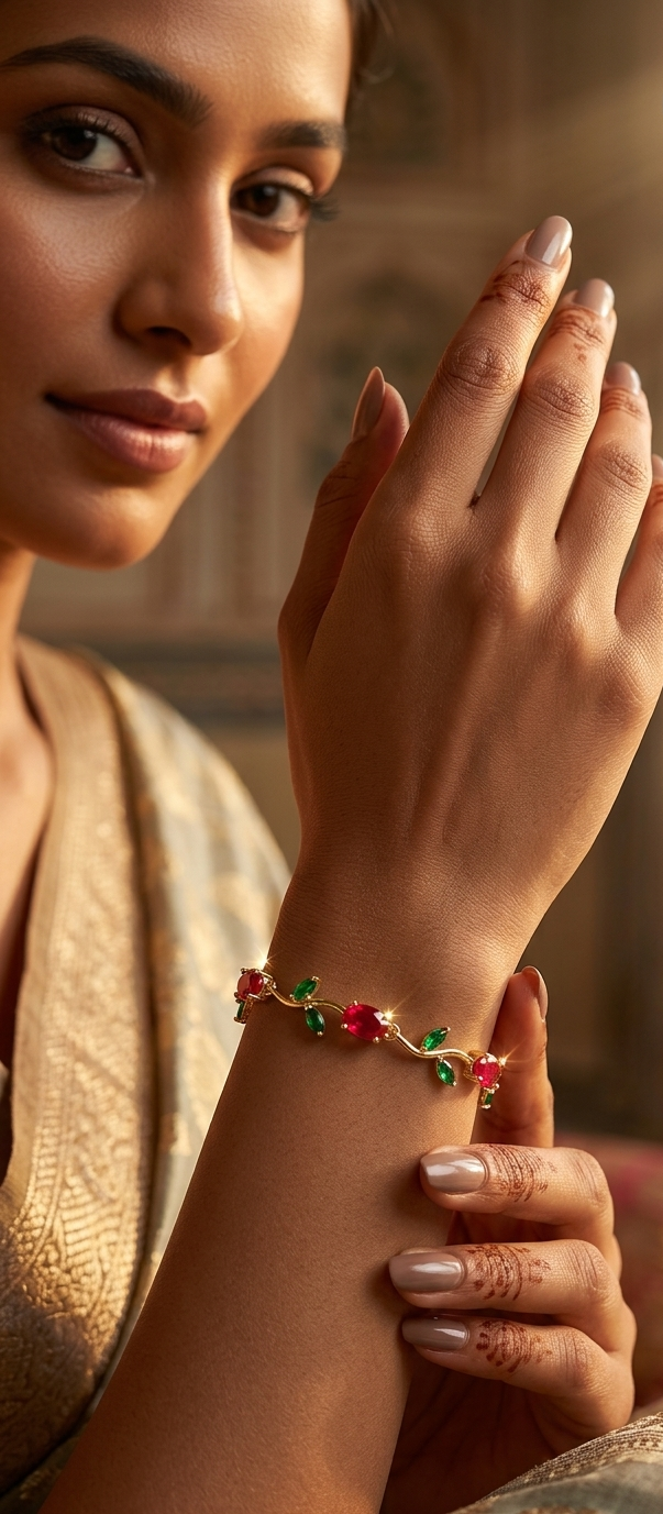 Gold-Toned Botanical Vine Link Bracelet with Premium Red Stones & Green CZ Accents