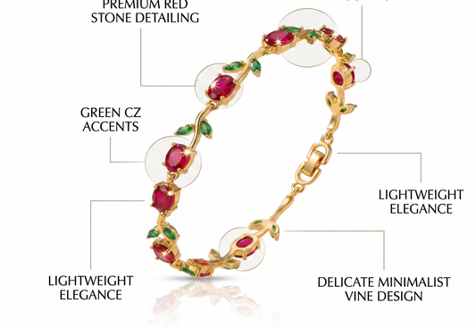 Gold-Toned Botanical Vine Link Bracelet with Premium Red Stones & Green CZ Accents