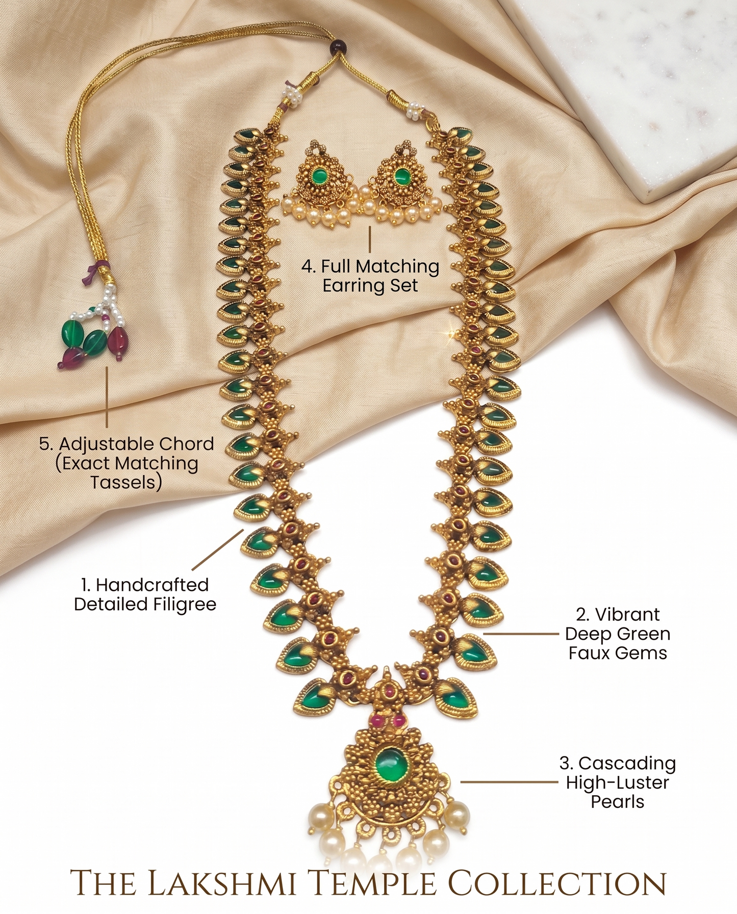 Premium Gold Plated Long Temple Necklace Set | Green Stone Mango Mala Rani Haar with Earrings | INNOVATE ART IMPEX