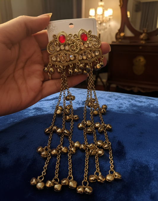 Close-up view of premium artificial Indian Ethnic Long Drop Earrings Gold Plated Ghungroo Jewelry for Festive Wear by Innovate Art Impex.
