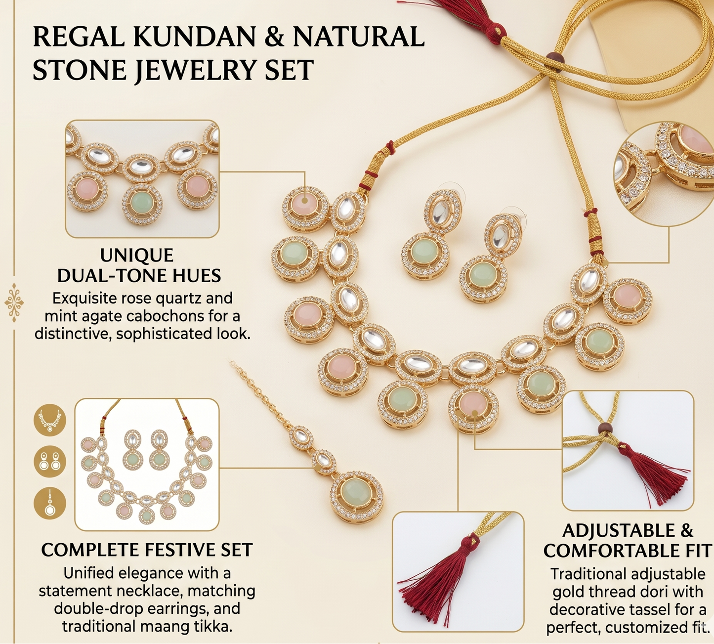 Jewelry set with necklace, earrings, and maang tikka on a beige background with Innovate AI branding.