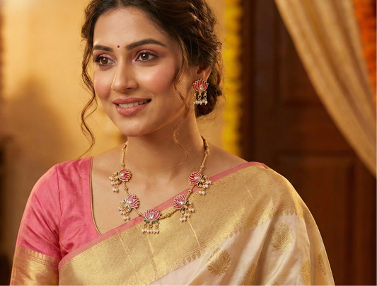 Close-up view of premium artificial Elegant Pink Lotus Meenakari Gold Plated Choker Necklace Set with Earrings & Pearl Drops by Innovate Art Impex.