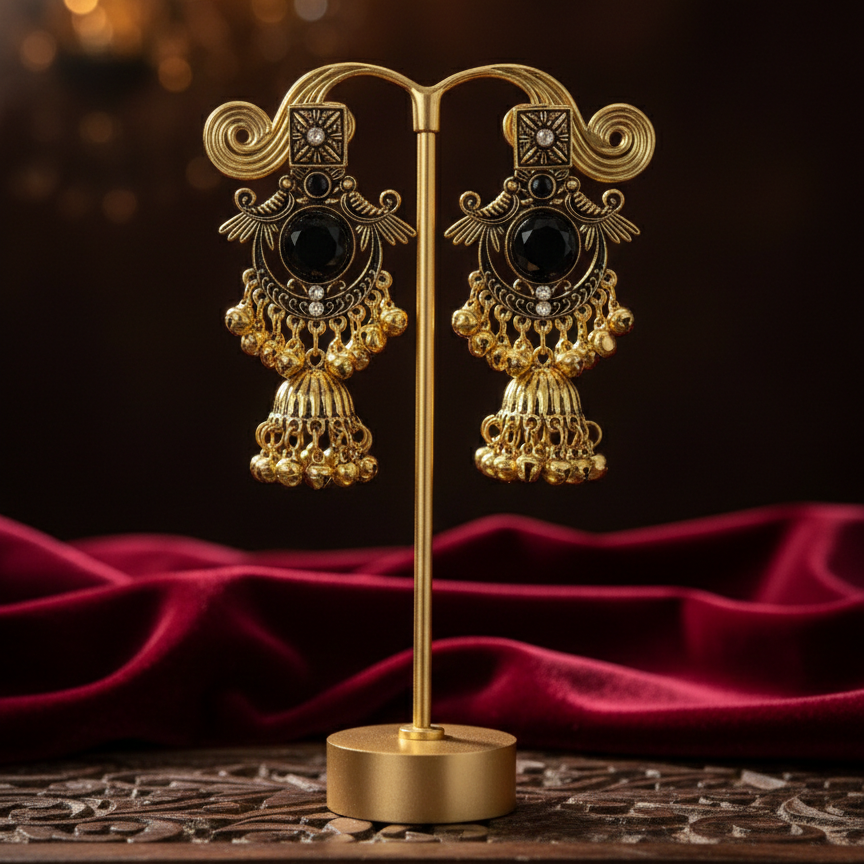 Close-up view of premium artificial Royal Emerald Black & Gold Jhumka Earrings Antique Finish by Innovate Art Impex.