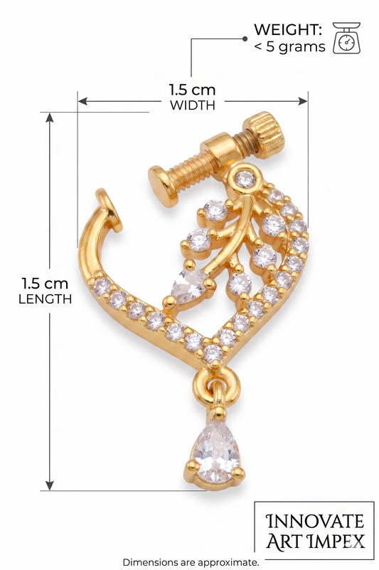 Gold earring with clear stones and measurements on a white background