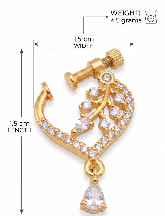 Gold earring with clear stones and measurements on a white background