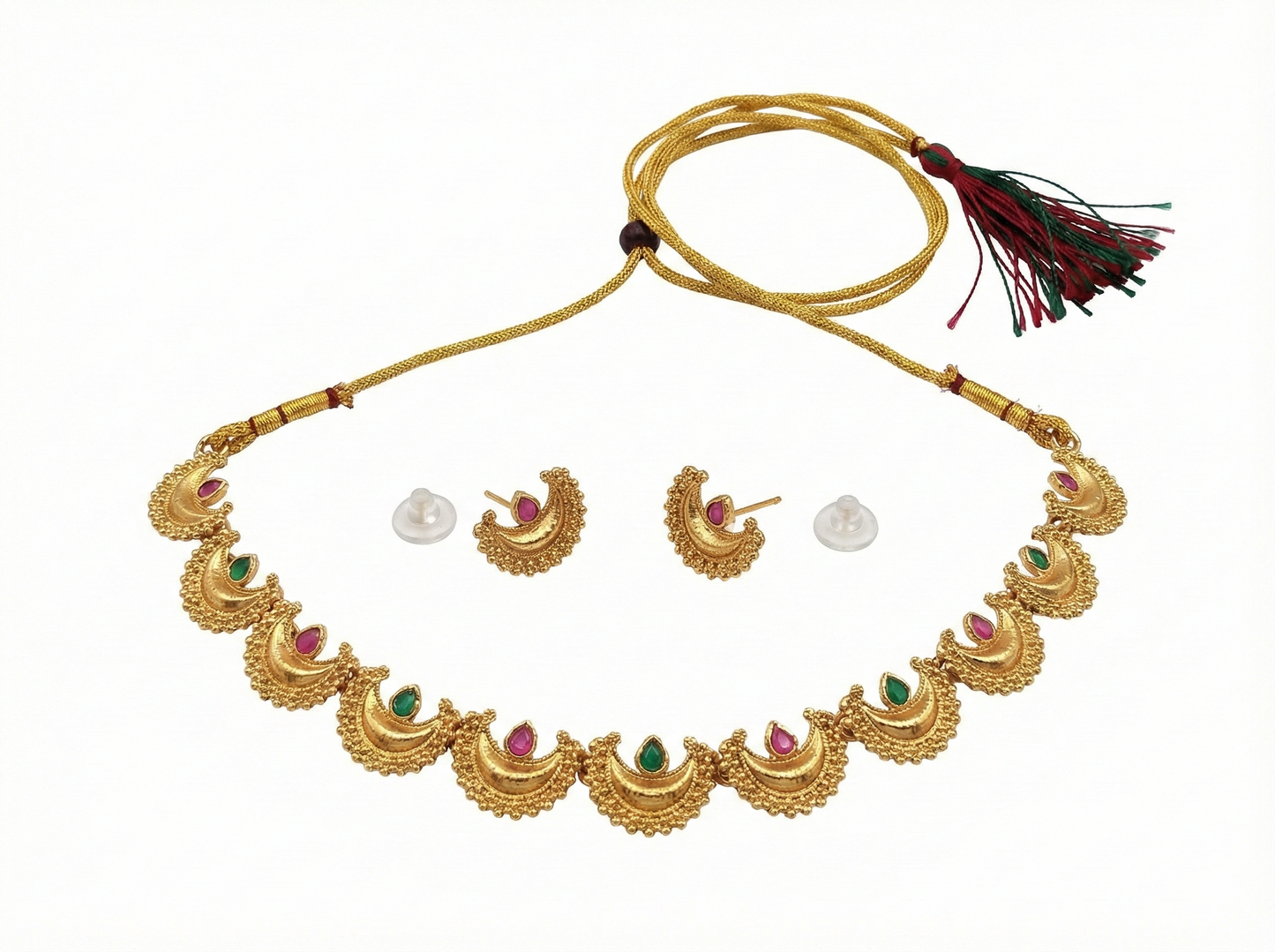 Close-up view of premium artificial Traditional Maharashtrian Chandrakor Green & Maroon Stone Necklace Set Gold Plated by Innovate Art Impex.