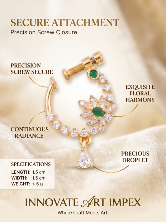 CZ Crescent & Emerald Floral Nose Pin