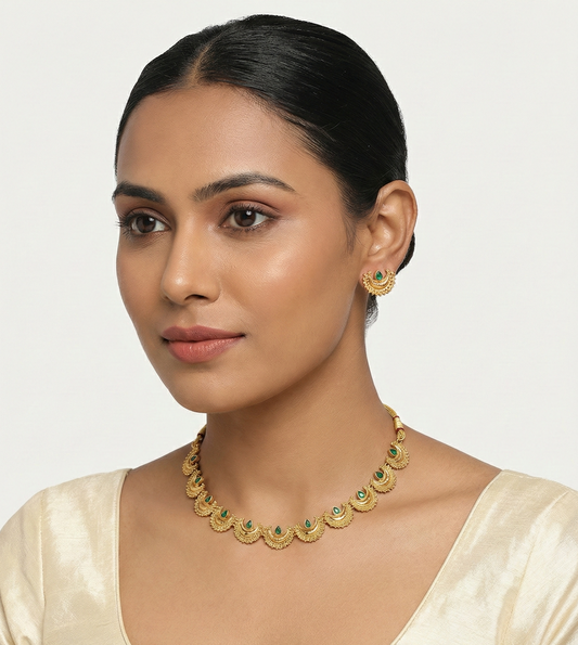Close-up view of premium artificial Traditional Maharashtrian Chandrakor Green Stone Necklace Set Gold Plated by Innovate Art Impex.