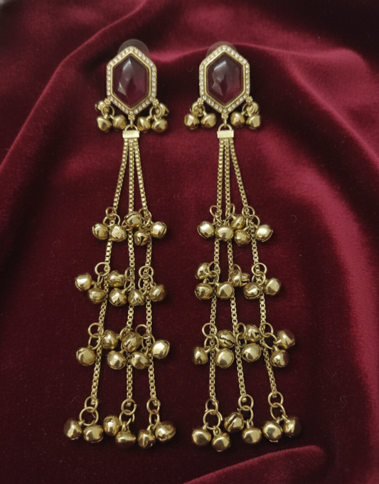 Close-up view of premium artificial Wine Hexagonal Stone Gold Tassel Drop Earrings Elegant Statement Jewelry by Innovate Art Impex.