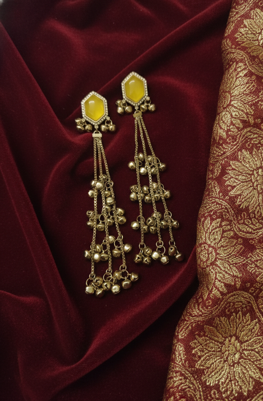 Close-up view of premium artificial Yellow Hexagonal Stone Gold Tassel Drop Earrings Elegant Statement Jewelry by Innovate Art Impex.