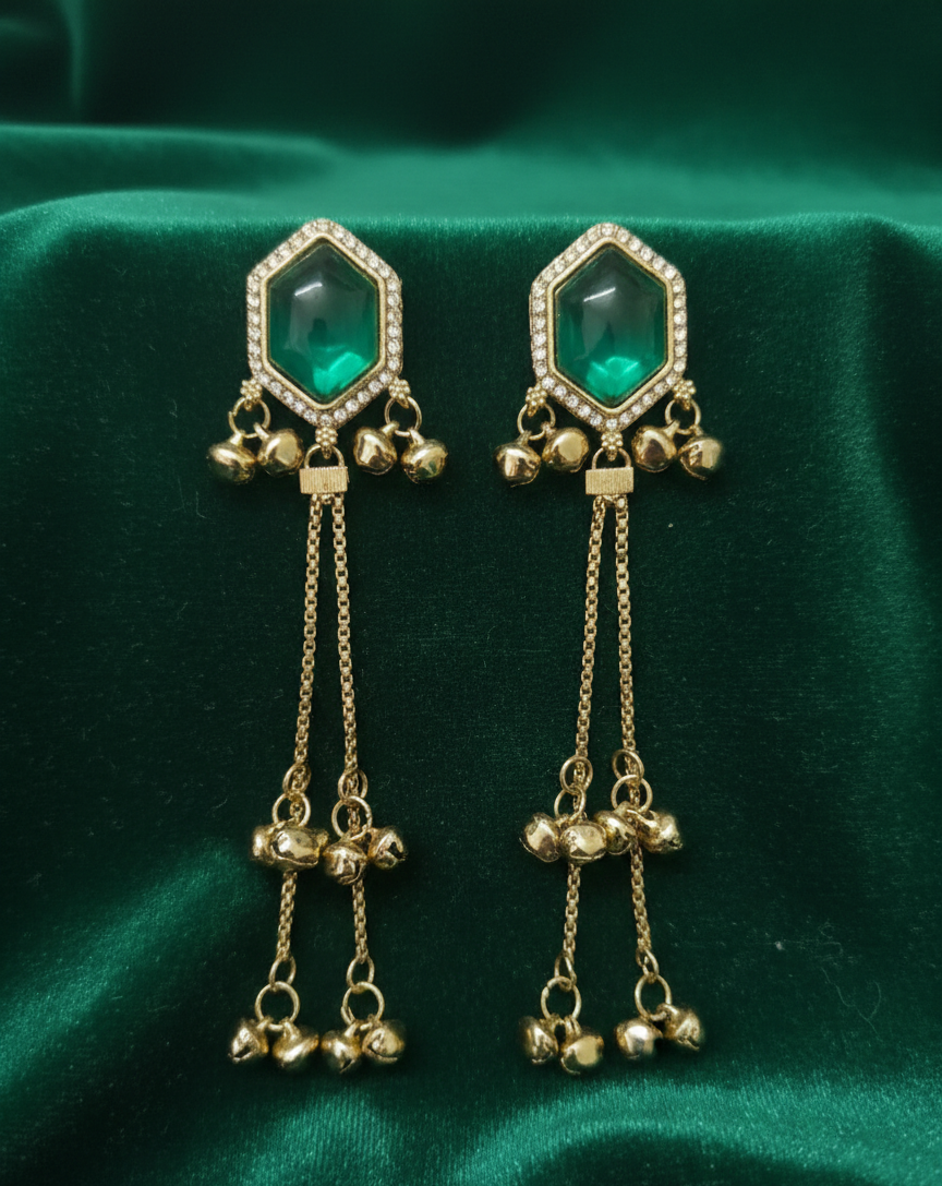 Close-up view of premium artificial Green Hexagonal Stone Gold Tassel Drop Earrings Elegant Statement Jewelry by Innovate Art Impex.