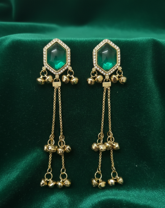Close-up view of premium artificial Green Hexagonal Stone Gold Tassel Drop Earrings Elegant Statement Jewelry by Innovate Art Impex.