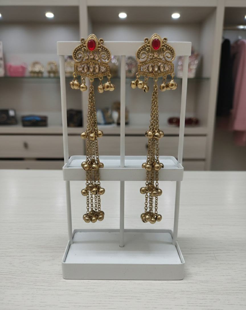 Close-up view of premium artificial Indian Ethnic Long Drop Earrings Gold Plated Ghungroo Jewelry for Festive Wear by Innovate Art Impex.