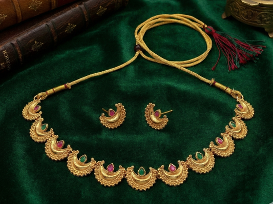 Close-up view of premium artificial Traditional Maharashtrian Chandrakor Green & Maroon Stone Necklace Set Gold Plated by Innovate Art Impex.