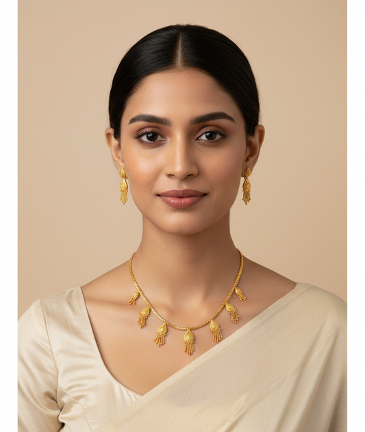Close-up view of premium artificial Innovate AI Indian Antique Golden Colour Bridal Necklace Set for Women Traditional Temple Jewellery with Drop Earrings Ethnic Wedding Party Jwellery for Saree, Lehenga & Girls Dresses by Innovate Art Impex.