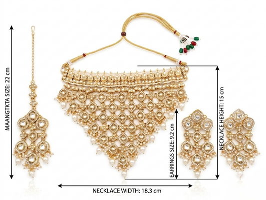 Gold-toned traditional jewelry set with a necklace, matching earrings, and a dangling maang tikka, shown on a white background with measurement labels and lines indicating dimensions.