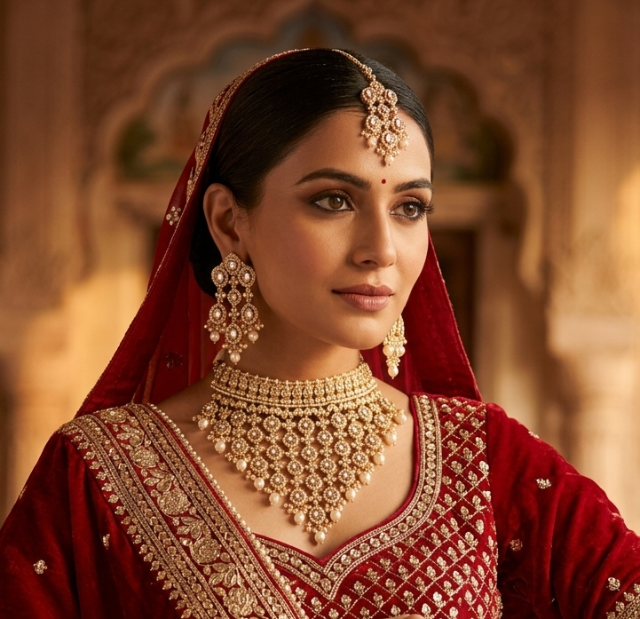 A woman wearing traditional Indian jewelry, including a gold-toned filigree necklace, matching drop earrings, and a forehead jewel, paired with a deep red embroidered bridal outfit and veil, set against a softly blurred warm architectural background.
