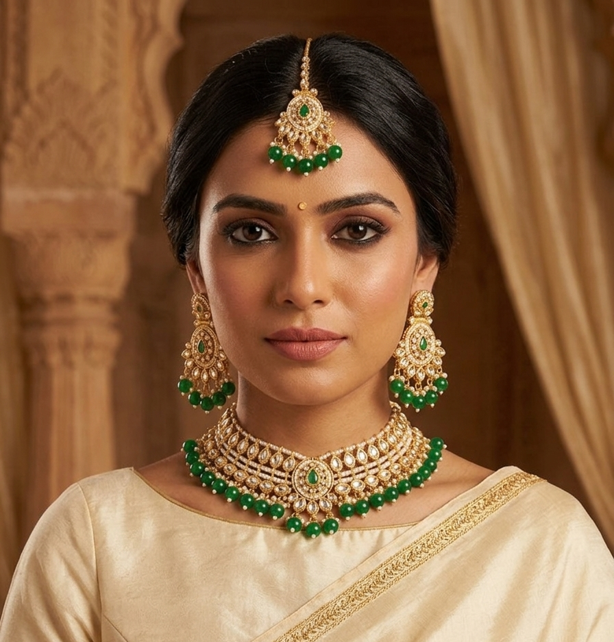 A woman wearing an ornate gold and green traditional Indian jewelry set, including a maang tikka, earrings, and a choker necklace, paired with a cream-colored saree.